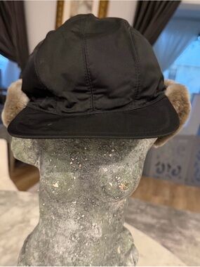 Prada Black Nylon Cap w/ Faux Fur Ear Flaps | Luxury Aviator Hat Italy